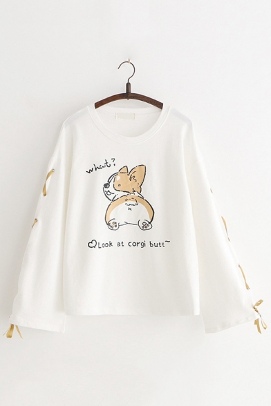 Look AT Corgi Butt Letter Cartoon Dog Printed Round Neck Lace Up Bow Tie Long Sleeve Loose Pullover Sweatshirt