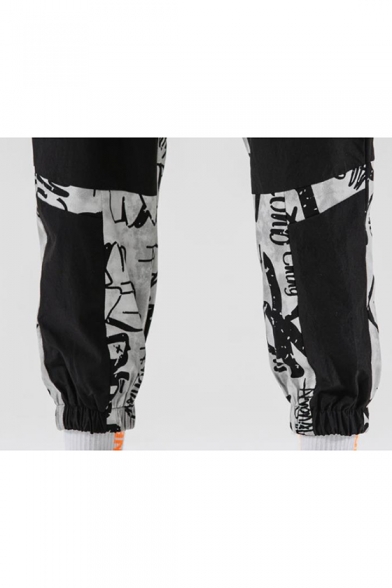 Men's Cool Fashion Colorblock Letter All-Over Printed Drawstring Waist Trendy Loose Track Pants