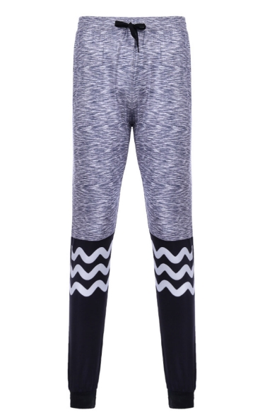 Men's New Fashion Colorblock Wave Printed Grey Drawstring Waist Leggings Sports Pencil Pants
