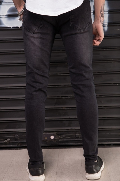Men's New Fashion Simple Plain Knee Pleated Zippered Cuff Black Cool Frayed Ripped Biker Jeans