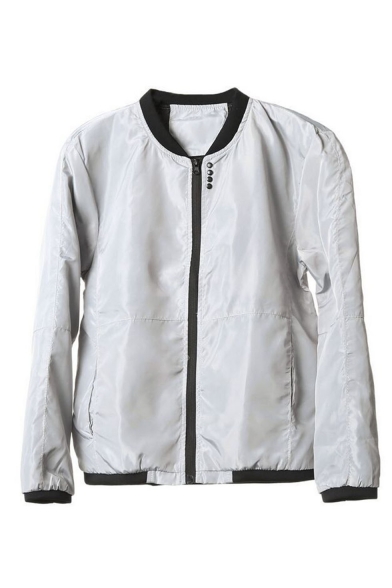 Men's Simple Plain Stand Collar Button Detail Zipper Front Grey Jacket