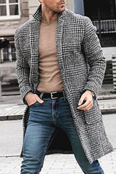 Men's New Trendy Notched Lapel Collar Long Sleeve Plaid Print Black And White Coat Overcoat