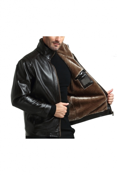 Men's New Trendy Simple Stand Collar Long Sleeve Zip Up Leather Jacket
