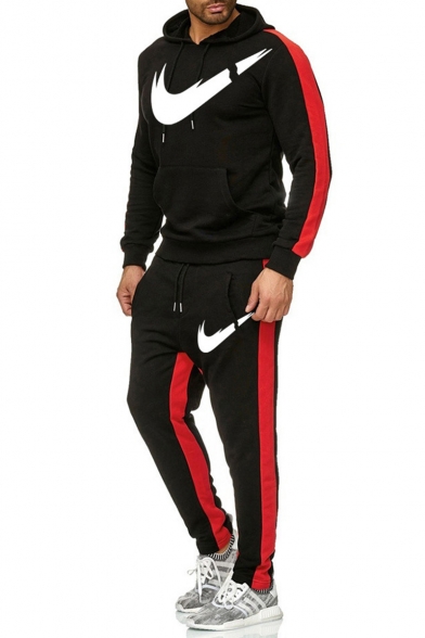 Men's Popular Fashion Colorblock Patched Side Logo Printed Drawstring Hoodie Sports Sweatpants Casual Two-Piece Set