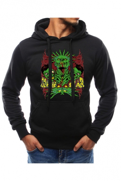 Men's Popular Fashion Cool Zombie Printed Drawstring Hooded Long Sleeve Casual Sports Hoodie with Pocket
