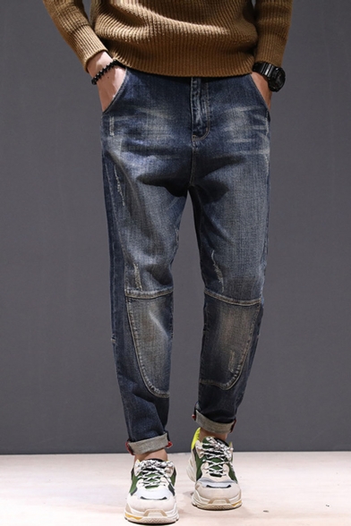 Men's Popular Fashion Dark Blue Washed Regular Fit Distressed Jeans