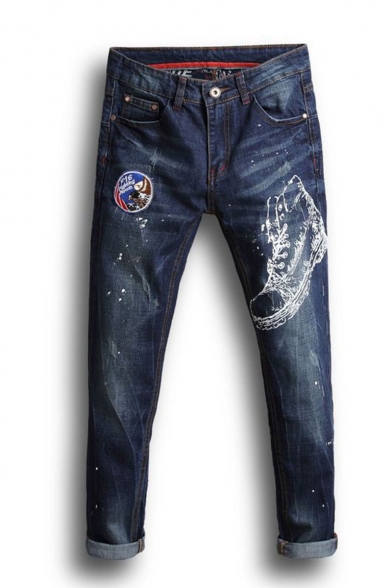 Men's Popular Fashion Embroidered Badge Patchwork Shoes Printed Dark Blue Washed Slim Fit Jeans