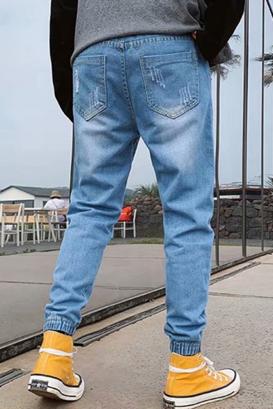 Men's Popular Fashion Simple Plain Drawstring Waist Elastic Cuffs Tapered Ripped Jeans