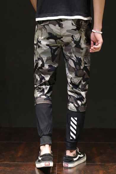 Mens Cool Camouflage Letter Diagonal Stripes Printed Army Green Casual Sports Cargo Pants
