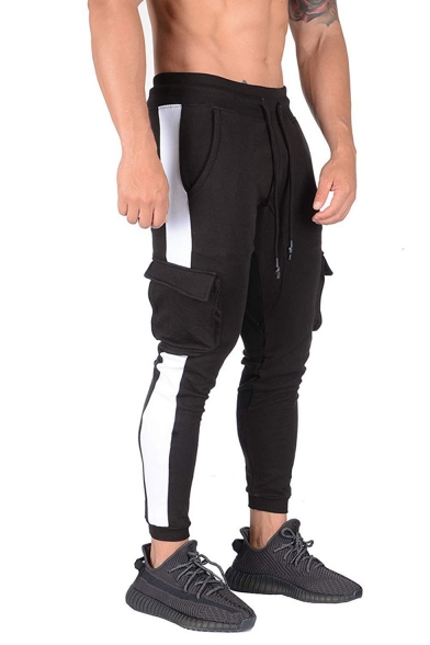 Mens Hot Fashion Colorblock Patched Side Drawstring Waist Sports Fitness Pencil Pants with Side Pocket