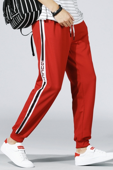 Mens Popular Contrast Stripe Side Letter Printed Drawstring Waist Casual Sports Track Pants