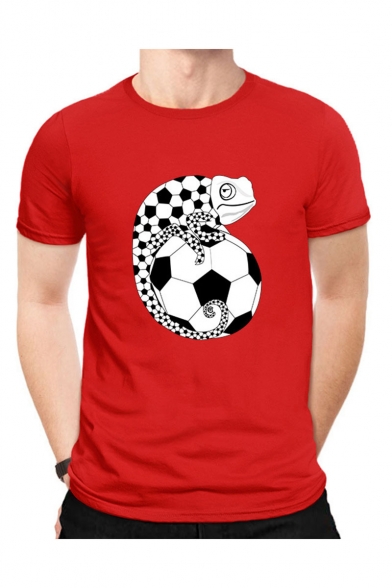 Mens Summer Funny Lizard Football Pattern Round Neck Short Sleeve Cotton T-Shirt