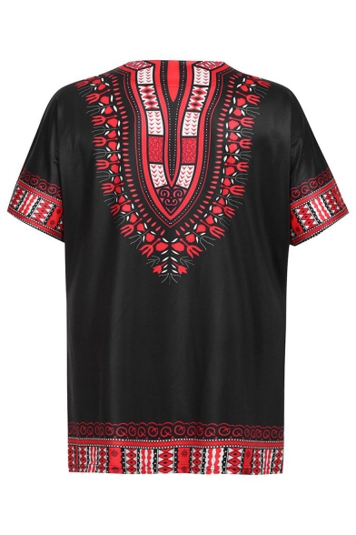 Mens Summer New Vintage Short Sleeve V Neck Tribal Print Loose Basic T-Shirt