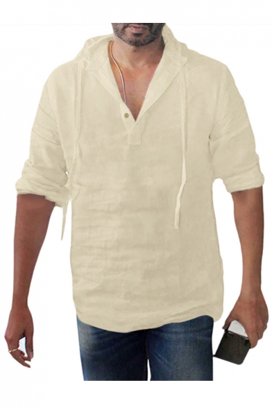 Mens Trendy Plain Long Sleeve Button Front Linen Cotton Casual Loose Hooded T Shirt