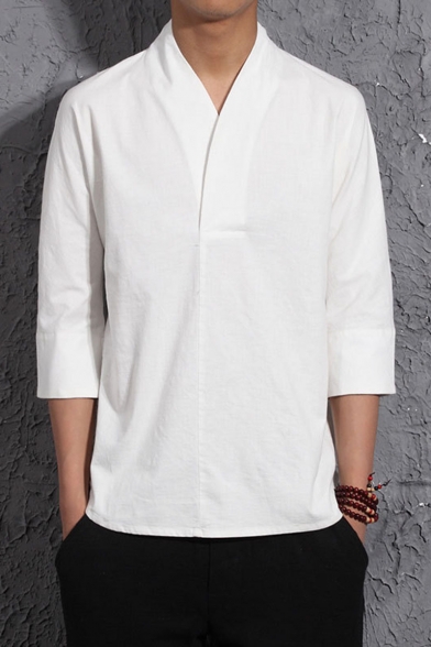 Mens Trendy Vintage Retro Chinese Style Plain Three-Quarter Sleeves V-Neck Linen Loose T-Shirt