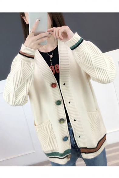 New Arrival Patchwork Print Knitwear V Neck Long Sleeve Cardigan with Pockets for Women