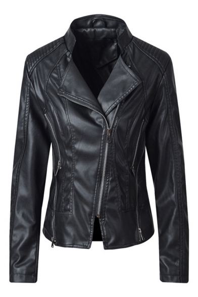 New Arrival Simple Plain Long Sleeve Notched Lapel Collar Zipper Front PU Motorcycle Jacket