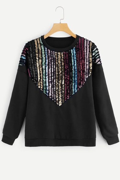 New Fashion Black Long Sleeve Round Neck Sequined Relaxed Pullover Sweatshirt