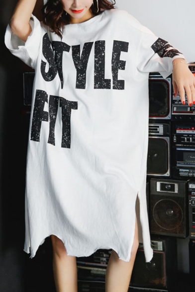 New Fashion Round Neck Half Sleeve Letter Slit Loose Casual Asymmetrical T-Shirt Midi Dress