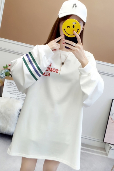 New Leisure Letter Printed Round Neck Striped Long Sleeve Loose Sweatshirt
