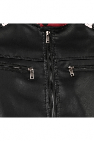 New Stylish Colorblock Peint Long Sleeve Stand-Collar Zip Up Casual Leather Jacket For Men