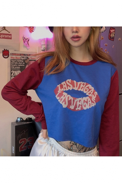 New Stylish Letter Lip Print Color Block Round Neck Long Sleeve Blue Cropped Pullover Sweatshirt