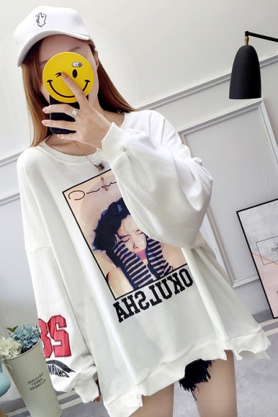 New Trendy Cut Out 58 Letter Girl Printed Round Neck Long Sleeve Loose Pullover Sweatshirt
