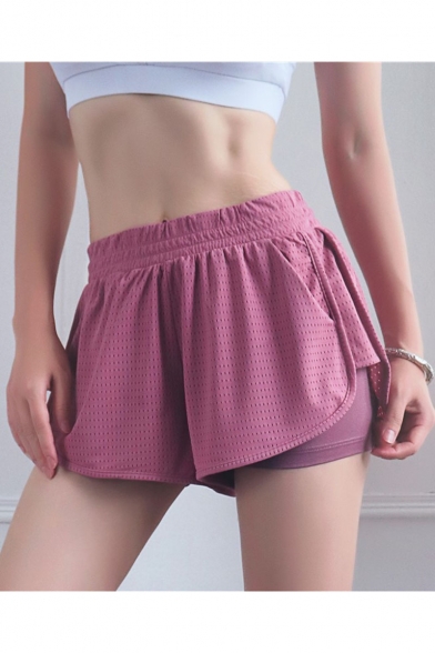 New Trendy Simple Plain Elastic Waist Fake Two Piece Quick Drying Mesh Sport Shorts