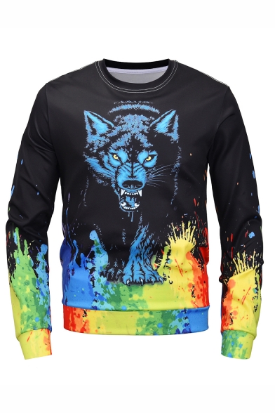 Popular Fashion Colored Paint Wolf 3D Printed Black Long Sleeve Round Neck Mens Pullover Sweatshirts