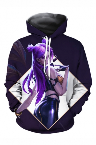 Popular Game Character 3D Printed Dark Purple Long Sleeve Relaxed Fit Unisex Pullover Hoodie