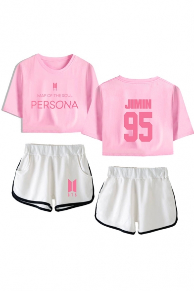 Popular Letters JIMIN 95 Print Athletic Style Short Sleeve Crop Tee with Dolphin Shorts Co-ords for Women