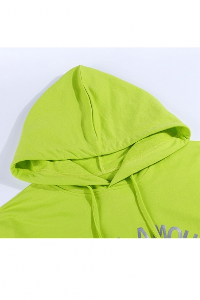 Popular Reflect Light Letter MORE AMOUR Print Long Sleeve Green Pocket Pullover Drawstring Loose Long Hoodie