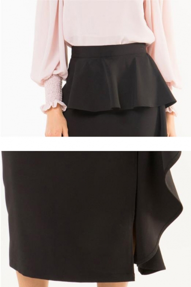 Retro Ruffled Embellished Split-Side Black Midi Pencil Skirt
