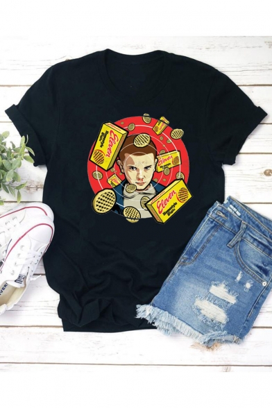 

Stranger Things Eleven Figure Print Black Round Neck Rolled Sleeve T Shirt for Women, LM552620