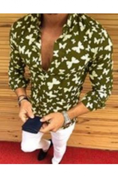 Summer Fashionable Butterfly Pattern Long Sleeve Lapel Collar Button-Up Shirt for Men