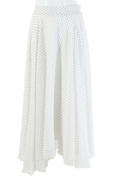 Summer High Waist Polka Dot Printed Midi Flared A-Line Chiffon Skirt