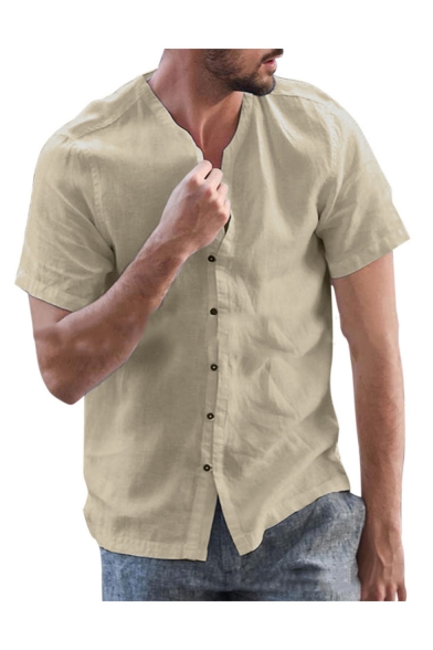 Summer Hot Fashion Short Sleeve Henley Neck Button Down Linen Cotton Shirt
