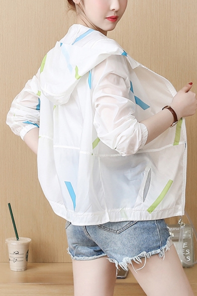 Summer Colorful Lines Pattern Printed Hooded Zipper Loose Thin Skin Coat with Pockets