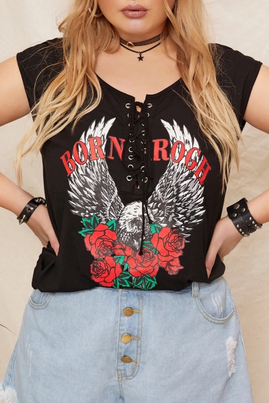 Summer Hot Stylish Letter BORN ROGH Wing Floral Print Sleeveless Round Neck Tie-Front Black Tank Tee