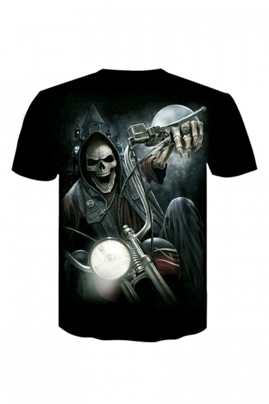 Summer New Stylish Skull Print Short Sleeve Round Neck Black T-Shirt For Men