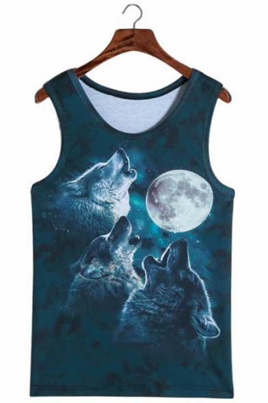Summer New Stylish Sleeveless Round Neck Wolf Moon Printed Slim Fitted Blue Tank Top