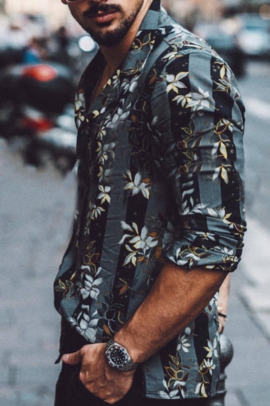 Summer Popular Lapel Collar Short Sleeve Floral Printed Leisure Black Shirt