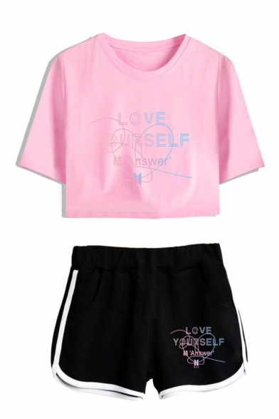 Summer's LOVE YOURSELF Letters Print Short Sleeve Crop Tee with Elastic Dolphin Shorts Co-ords