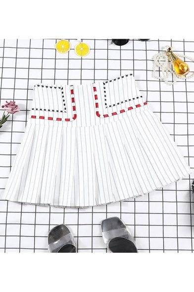 Summer Sweet Cute High Waist Striped Embroidered Pleated A-Line Mini Skirt
