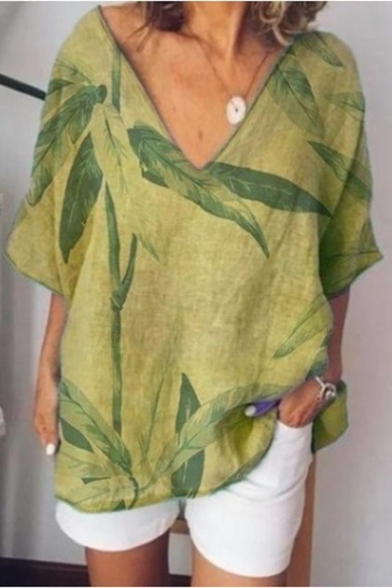 Summer Vintage Short Sleeve V Neck Leaf Printed Casual Loose Cotton Linen T-Shirt