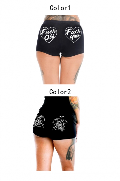 Summer Womens Funny Letter FUCK YOU Print Back Black Sexy Skinny Shorts