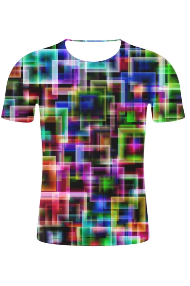 Unique Creative Colorful Geometric Printed Short Sleeve Round Neck Casual Tee
