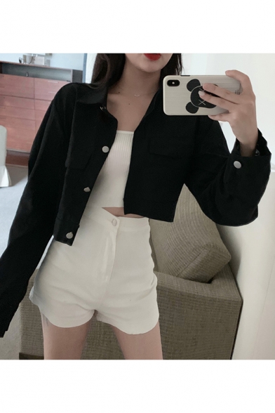 Vintage Solid Color Lapel Collar Single Breasted Chest Pockets Long Sleeve Cropped Jacket