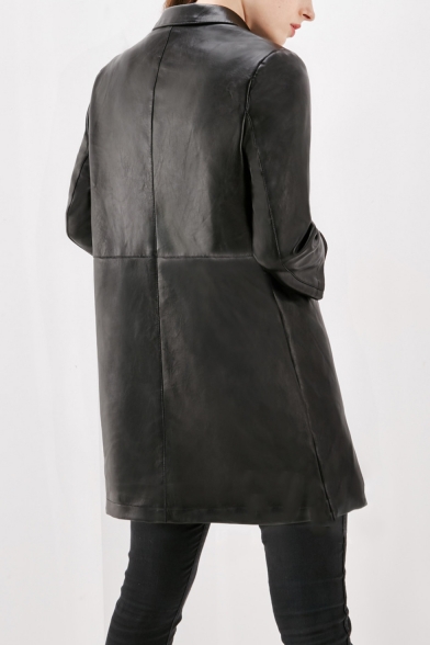 Winter's New Trendy Single Breasted PU Leather Fashion Long Jacket Trench Coat with Flap Pockets