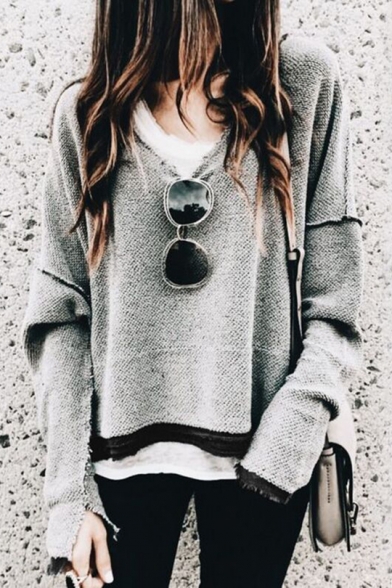 Women's Fashion V-Neck Long Sleeve Frayed Hem Loose Leisure Plain Pullover Sweatshirt